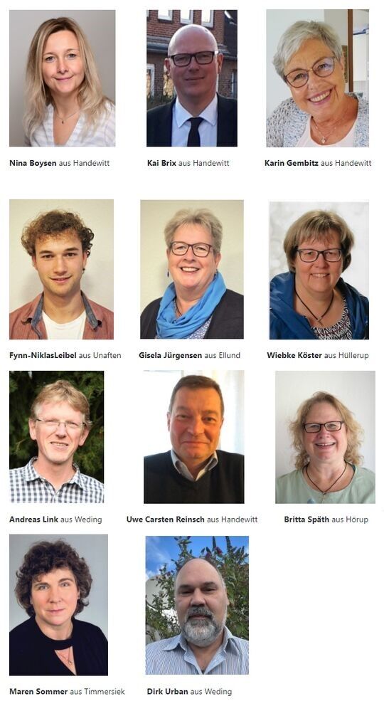 Mitglieder des Handewitter Kirchengemeinderates: Nina Boysen, Kai Brix, Karin Gembitz, Fynn-Niklas Leibel,, Gisela Jürgensen, Wiebke Köster, Andreas Link, Uwe Carsten Reisch, Britta Spaeth, Maren Sommer und Dirk Urban.