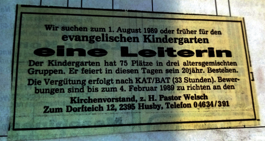 Stellenausschreibung einer Kitaleitung aus dem Jahr 1989
