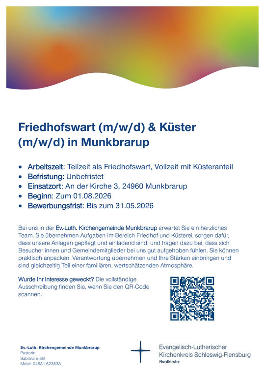 Hier erscheint der Aushang unserer Stellenausschreibung für den Friedhofswert u. Küster. Weitere Details unter dem angeführte Link