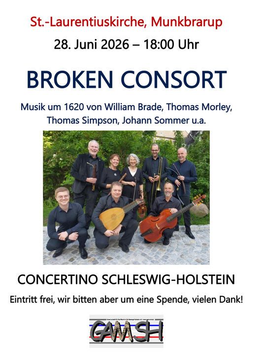 Hier lädt ein Plakat ein zum Konzert von Broken Consort am 28. Juni 2026 um 18 Uhr in der St. Laurentiuskirche ein