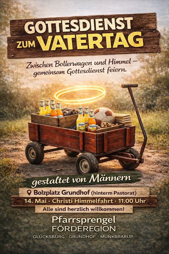 Das Plakat zeigt einen Bollerwagen mit Getränken und Heiligenschein auf einer Lichtung in der Abenddämmerung. Es wird herzlich zu dem Gottesdienst an Himmelfahrt auf dem Bolzplatz in Grundhof (hinterm Pastorat) am 14. Mai um 11 Uhr eingeladen.