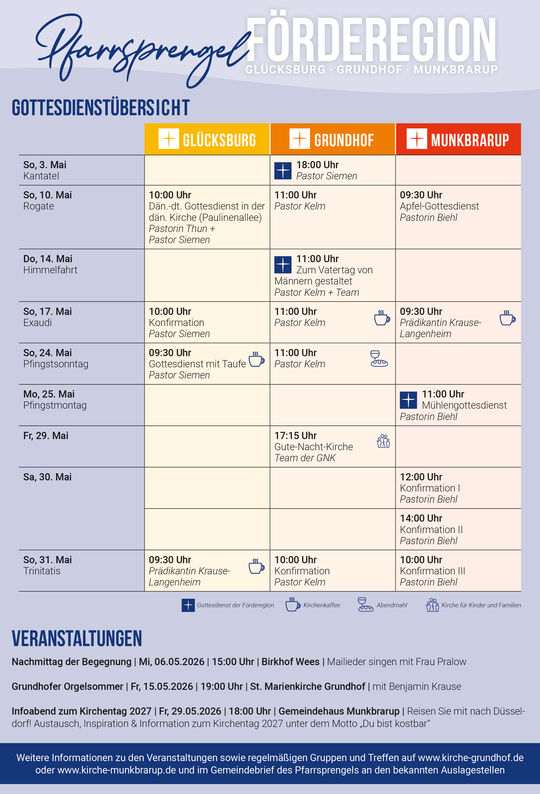 Hier erscheint eine grafische Darstellung aller Gottesdienste der Kirchengemeindem im Fördesprengel. Sie können die Munkbraruper und Sprengelgottesdienste auch unter dem Link Gottesdienste abrufen.